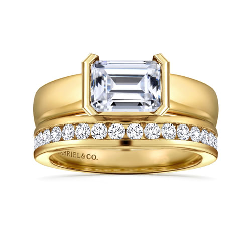 14K Yellow Gold Half Bezel East West Emerald Cut Diamond Engagement Ring