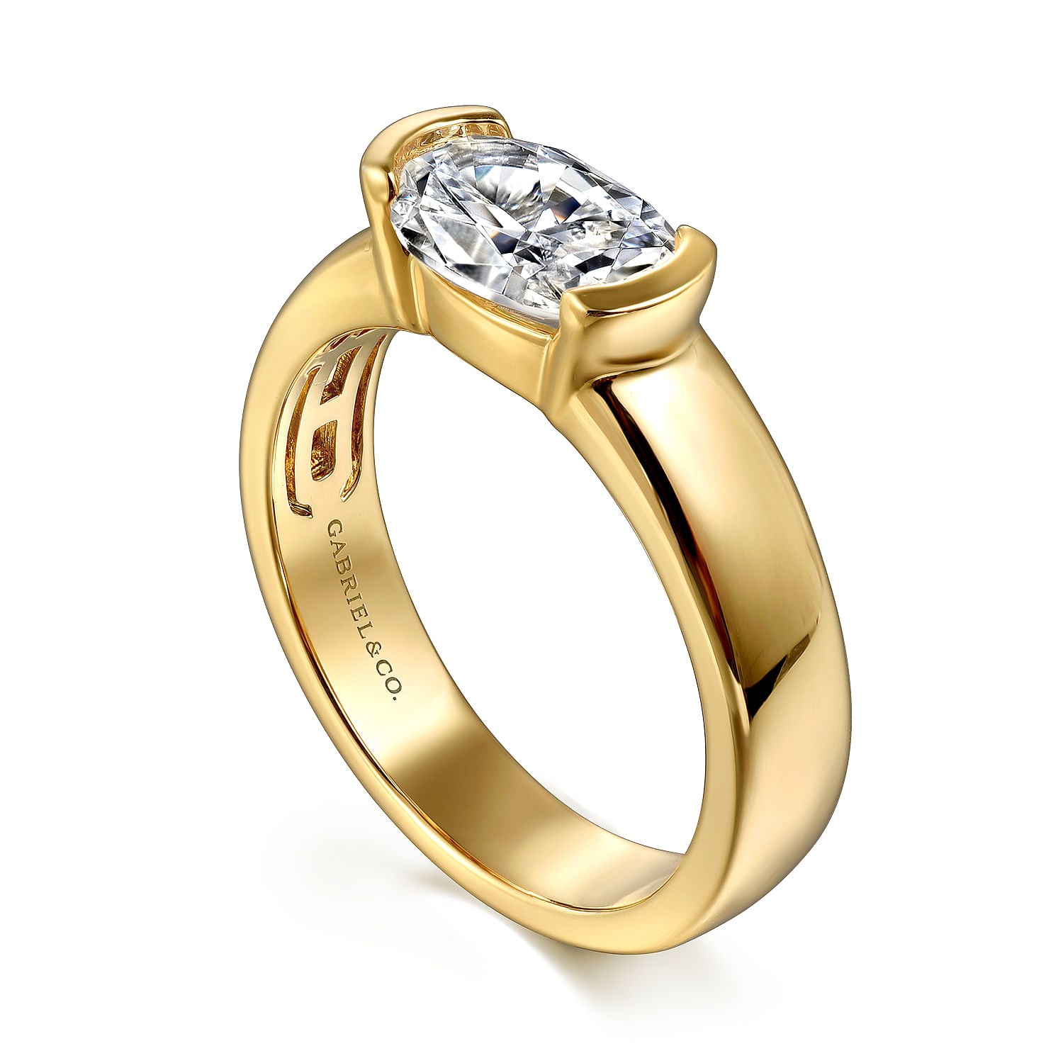 14K Yellow Gold Half Bezel East West Oval Diamond Engagement Ring