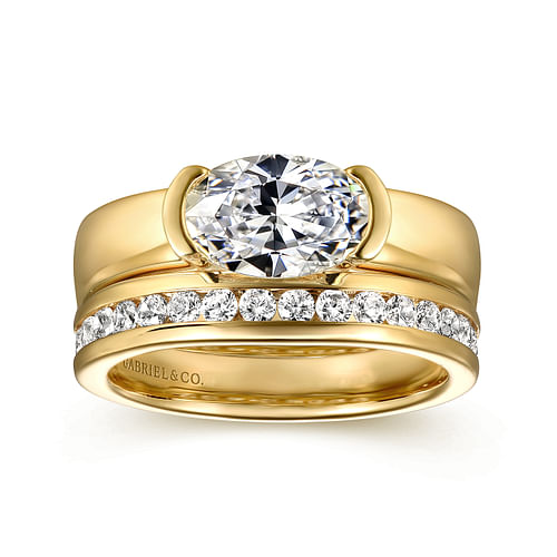 14K Yellow Gold Half Bezel East West Oval Diamond Engagement Ring