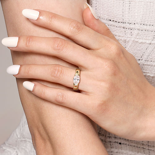 14K Yellow Gold Half Bezel East West Oval Diamond Engagement Ring
