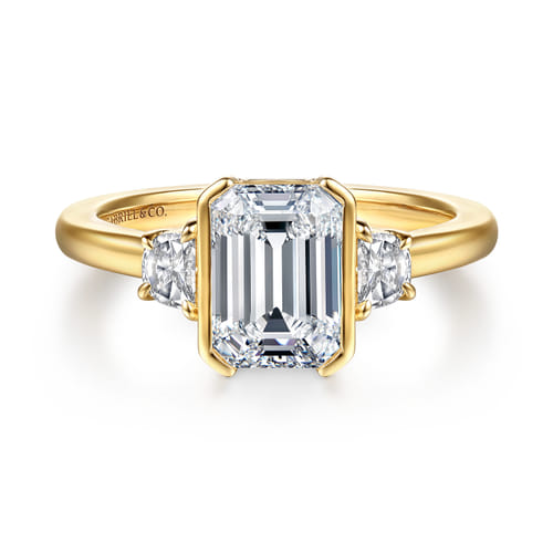 14K Yellow Gold Half Bezel Emerald Cut Three Stone Diamond Engagement Ring