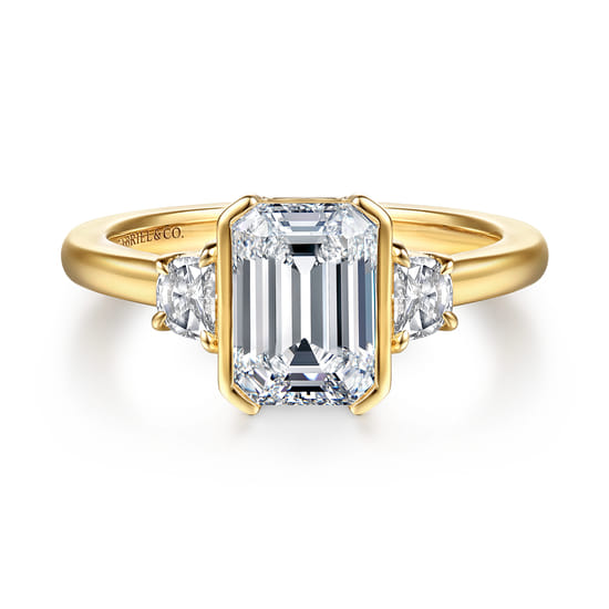 14K Yellow Gold Half Bezel Emerald Cut Three Stone Diamond Engagement Ring