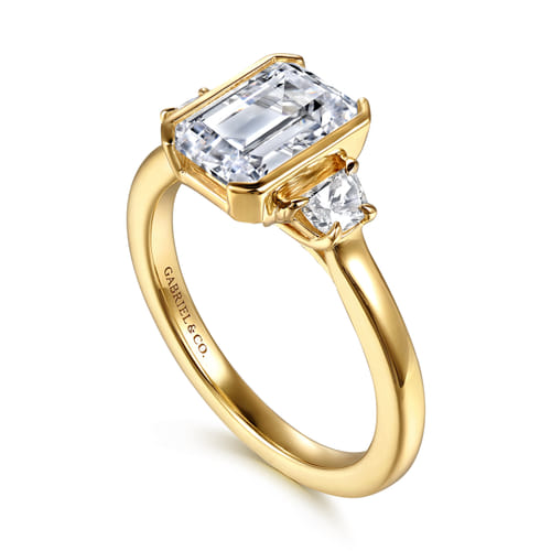 14K Yellow Gold Half Bezel Emerald Cut Three Stone Diamond Engagement Ring