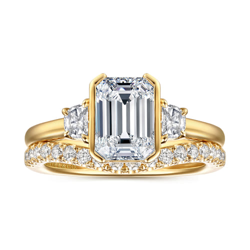 14K Yellow Gold Half Bezel Emerald Cut Three Stone Diamond Engagement Ring