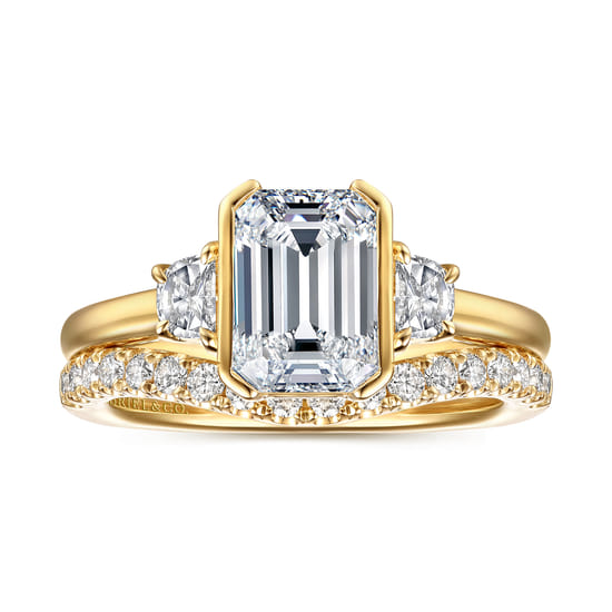 14K Yellow Gold Half Bezel Emerald Cut Three Stone Diamond Engagement Ring angle 4