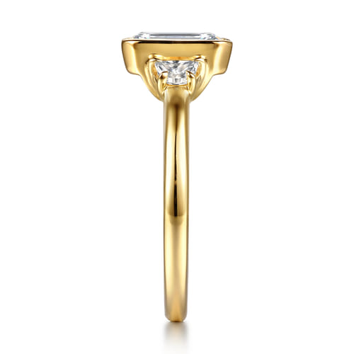 14K Yellow Gold Half Bezel Emerald Cut Three Stone Diamond Engagement Ring