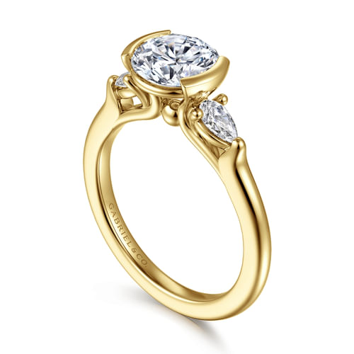 14K Yellow Gold Half Bezel Round Three Stone Diamond Engagement Ring