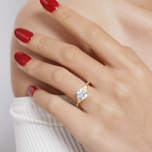 14K Yellow Gold Half Bezel Round Three Stone Diamond Engagement Ring