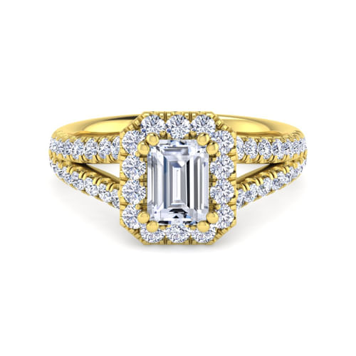 14K Yellow Gold Halo Emerald Cut Diamond Engagement Ring