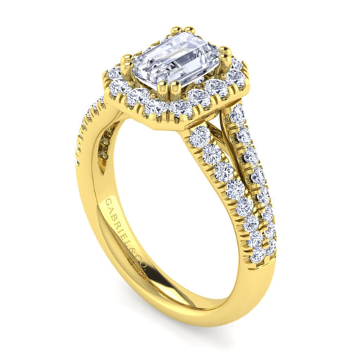 14K Yellow Gold Halo Emerald Cut Diamond Engagement Ring