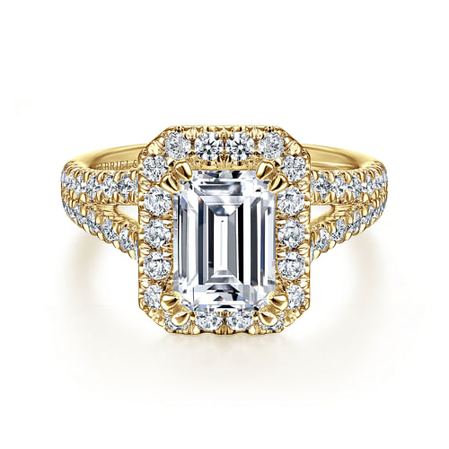 14K Yellow Gold Halo Emerald Cut Diamond Engagement Ring