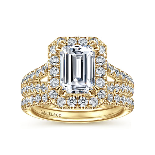 14K Yellow Gold Halo Emerald Cut Diamond Engagement Ring