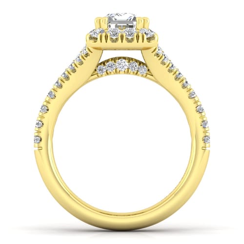14K Yellow Gold Halo Emerald Cut Diamond Engagement Ring