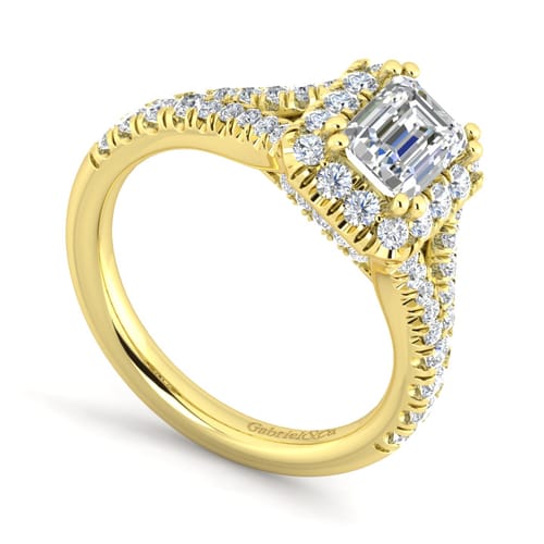 14K Yellow Gold Halo Emerald Cut Diamond Engagement Ring