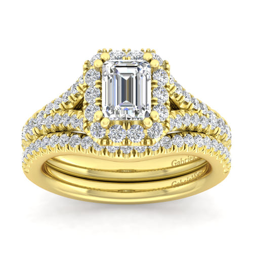 14K Yellow Gold Halo Emerald Cut Diamond Engagement Ring