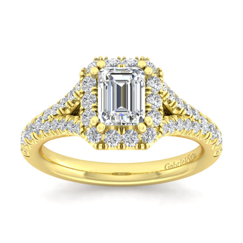 14K Yellow Gold Halo Emerald Cut Diamond Engagement Ring