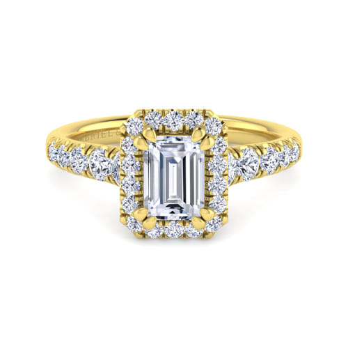 14K Yellow Gold Halo Emerald Cut Diamond Engagement Ring