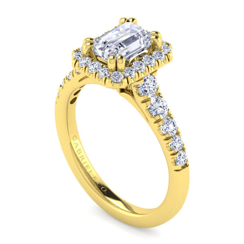 14K Yellow Gold Halo Emerald Cut Diamond Engagement Ring