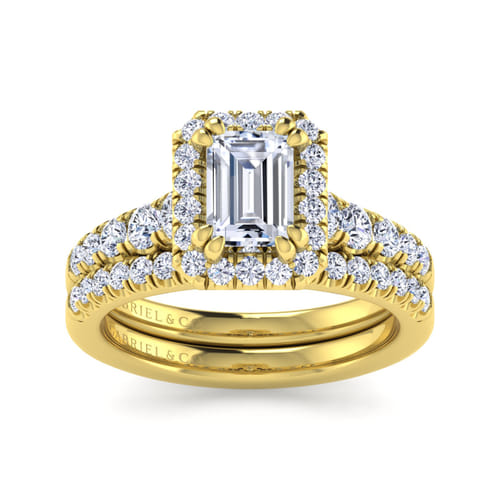 14K Yellow Gold Halo Emerald Cut Diamond Engagement Ring
