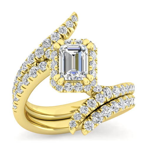 14K Yellow Gold Halo Emerald Cut Diamond Engagement Ring