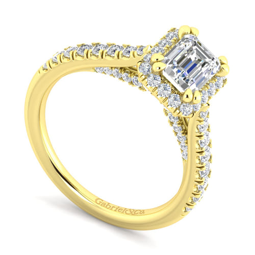 14K Yellow Gold Halo Emerald Cut Diamond Engagement Ring