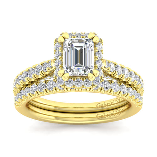 14K Yellow Gold Halo Emerald Cut Diamond Engagement Ring