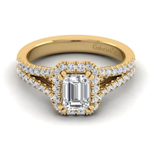 14K Yellow Gold Halo Emerald Cut Diamond Engagement Ring