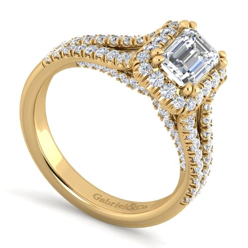 14K Yellow Gold Halo Emerald Cut Diamond Engagement Ring