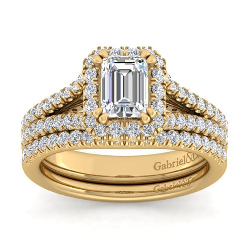 14K Yellow Gold Halo Emerald Cut Diamond Engagement Ring