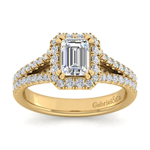 14K Yellow Gold Halo Emerald Cut Diamond Engagement Ring