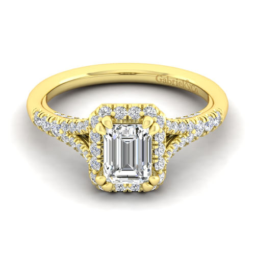 14K Yellow Gold Halo Emerald Cut Diamond Engagement Ring