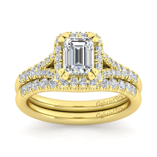 14K Yellow Gold Halo Emerald Cut Diamond Engagement Ring