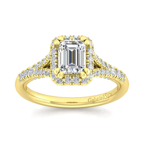 14K Yellow Gold Halo Emerald Cut Diamond Engagement Ring