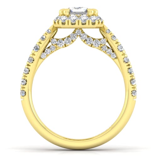 14K Yellow Gold Halo Emerald Cut Diamond Engagement Ring