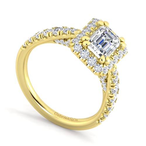 14K Yellow Gold Halo Emerald Cut Diamond Engagement Ring