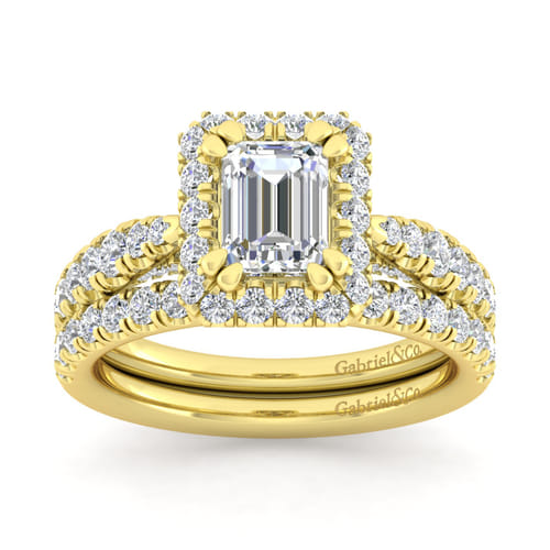 14K Yellow Gold Halo Emerald Cut Diamond Engagement Ring