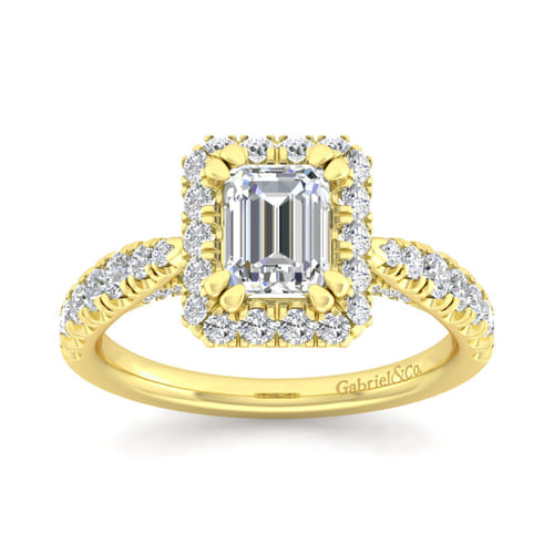 14K Yellow Gold Halo Emerald Cut Diamond Engagement Ring