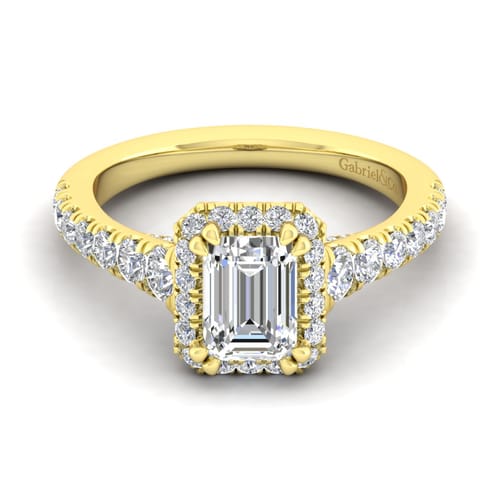14K Yellow Gold Halo Emerald Cut Diamond Engagement Ring