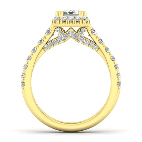 14K Yellow Gold Halo Emerald Cut Diamond Engagement Ring