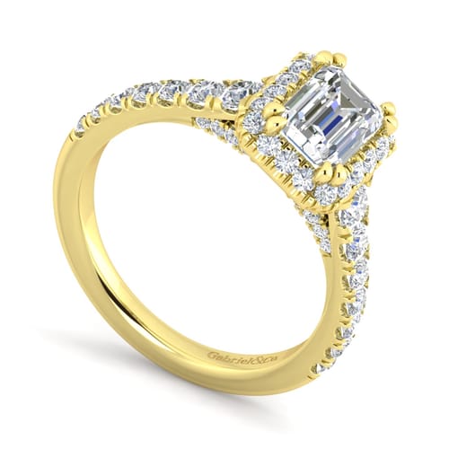 14K Yellow Gold Halo Emerald Cut Diamond Engagement Ring