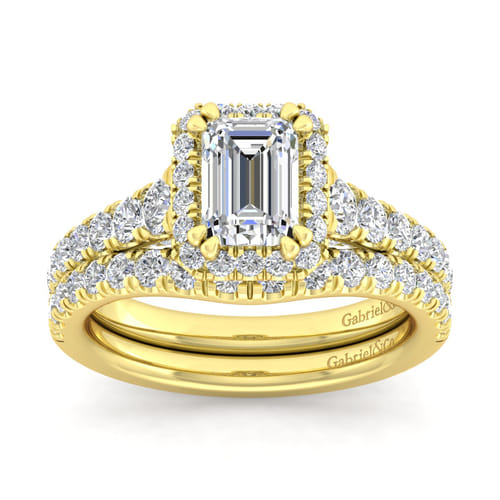 14K Yellow Gold Halo Emerald Cut Diamond Engagement Ring