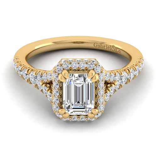 14K Yellow Gold Halo Emerald Cut Diamond Engagement Ring