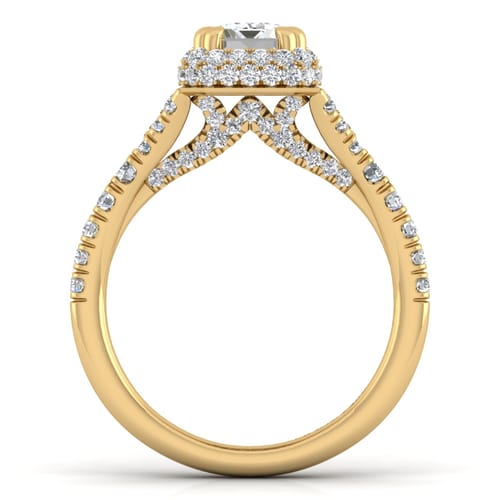 14K Yellow Gold Halo Emerald Cut Diamond Engagement Ring
