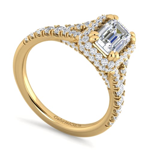 14K Yellow Gold Halo Emerald Cut Diamond Engagement Ring