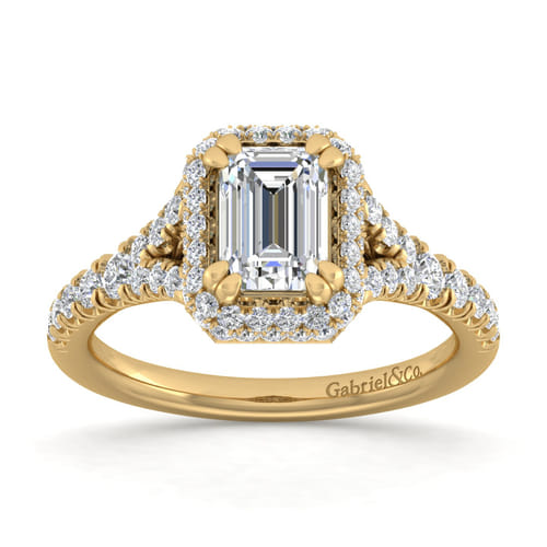 14K Yellow Gold Halo Emerald Cut Diamond Engagement Ring