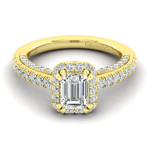 14K Yellow Gold Halo Emerald Cut Diamond Engagement Ring
