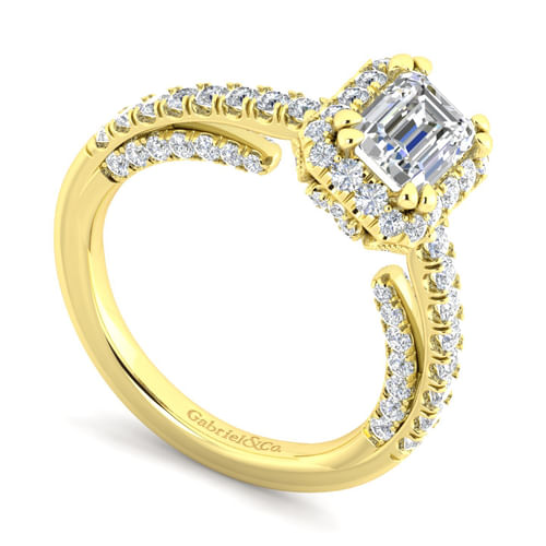 14K Yellow Gold Halo Emerald Cut Diamond Engagement Ring