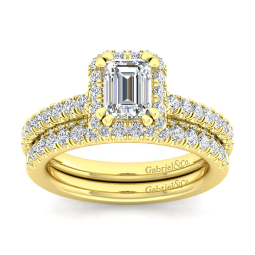 14K Yellow Gold Halo Emerald Cut Diamond Engagement Ring
