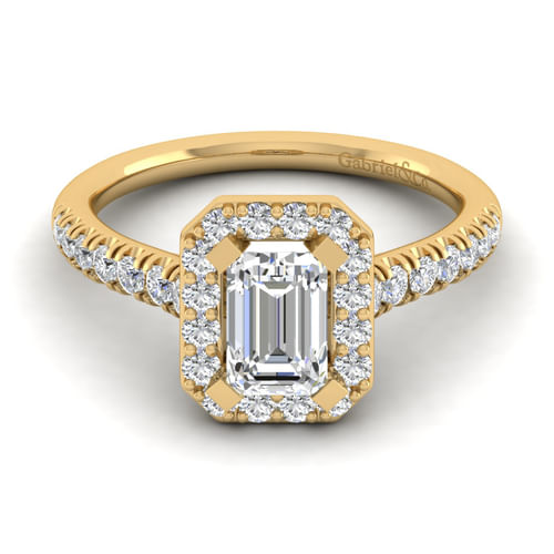 14K Yellow Gold Halo Emerald Cut Diamond Engagement Ring