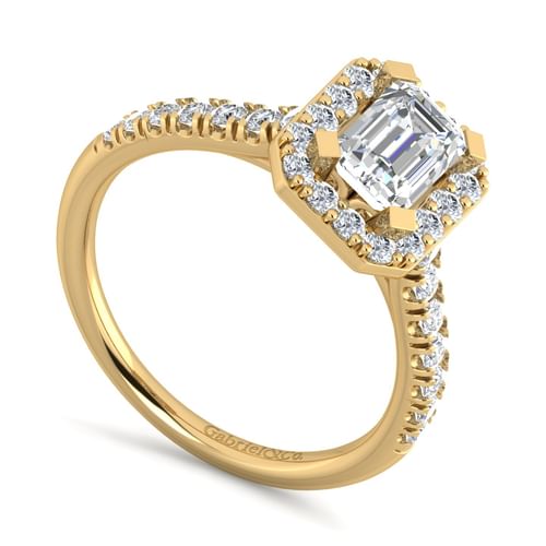 14K Yellow Gold Halo Emerald Cut Diamond Engagement Ring